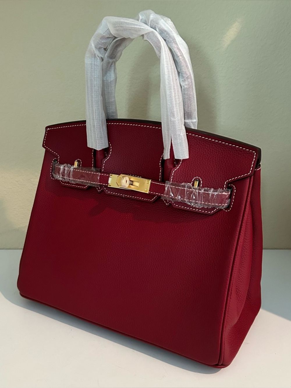30cm Gold on Burgundy Top Handle Leather Satchel